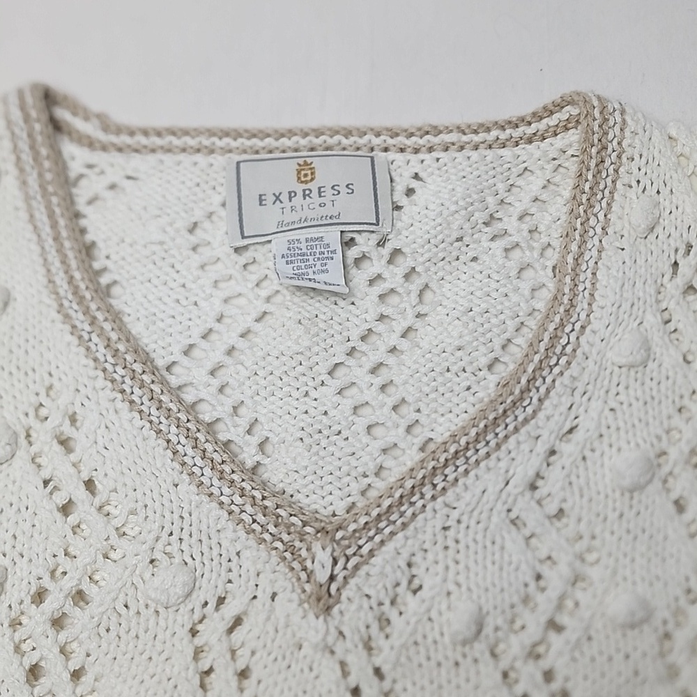 Express Tricot Hand Knitted Chunky Ramie/Cotton Blend V-Neck Sweater Vintage 90s - Picture 7 of 10